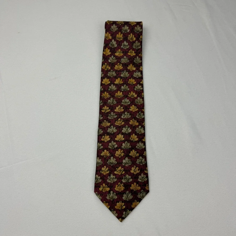 Ermenegildo Zegna Tie Mens OS Burgundy Gold Floral Leaf Silk Italian Designer